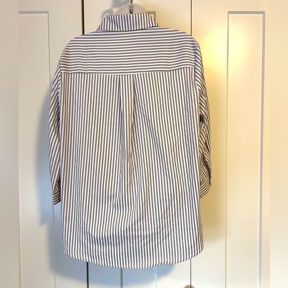 New Lomon collared blouse 3/4 sleeve grey white stripe M - Picture 6 of 8